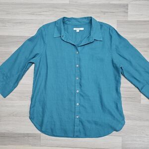 Chico's Womens Teal Linen Button Down Shirt Size 8 3/4 Sleeves Chico's 1